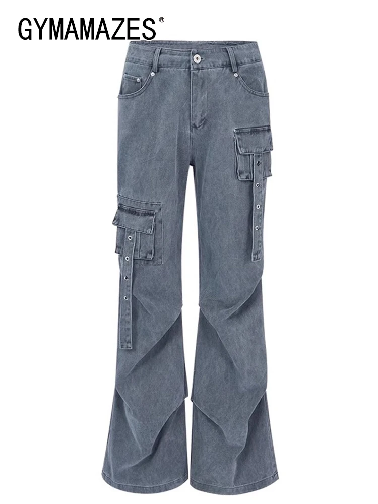 

GYMAMAZES Spliced Pockets Denin Trousers For Women High Waist Tunic Slimming Ruched Cargo Pants Female Fashion Clothing Autumn