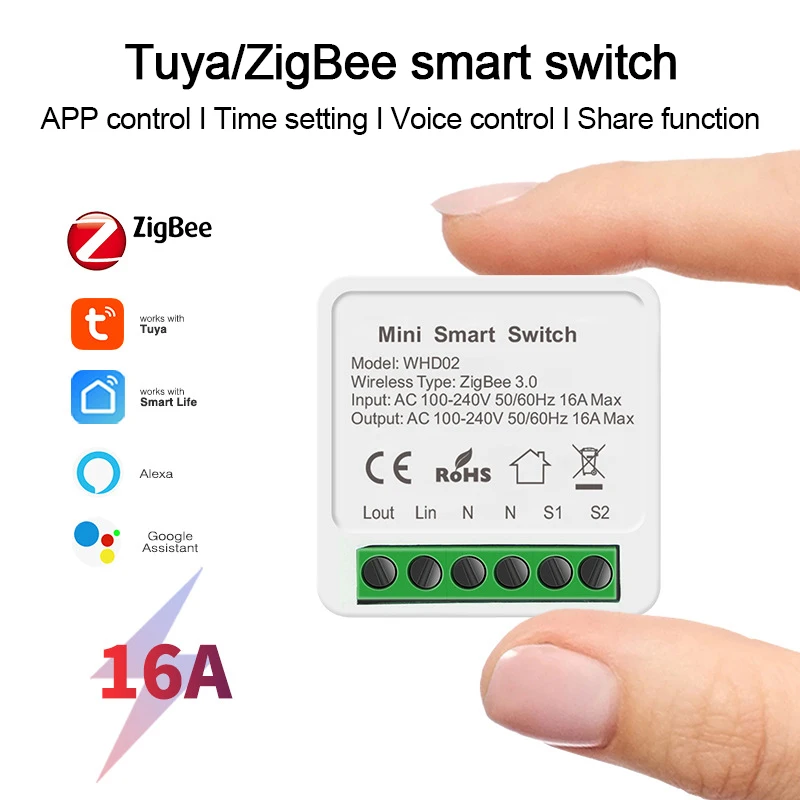 Мини-выключатель Tuya Zigbee 16 А с голосовым управлением |