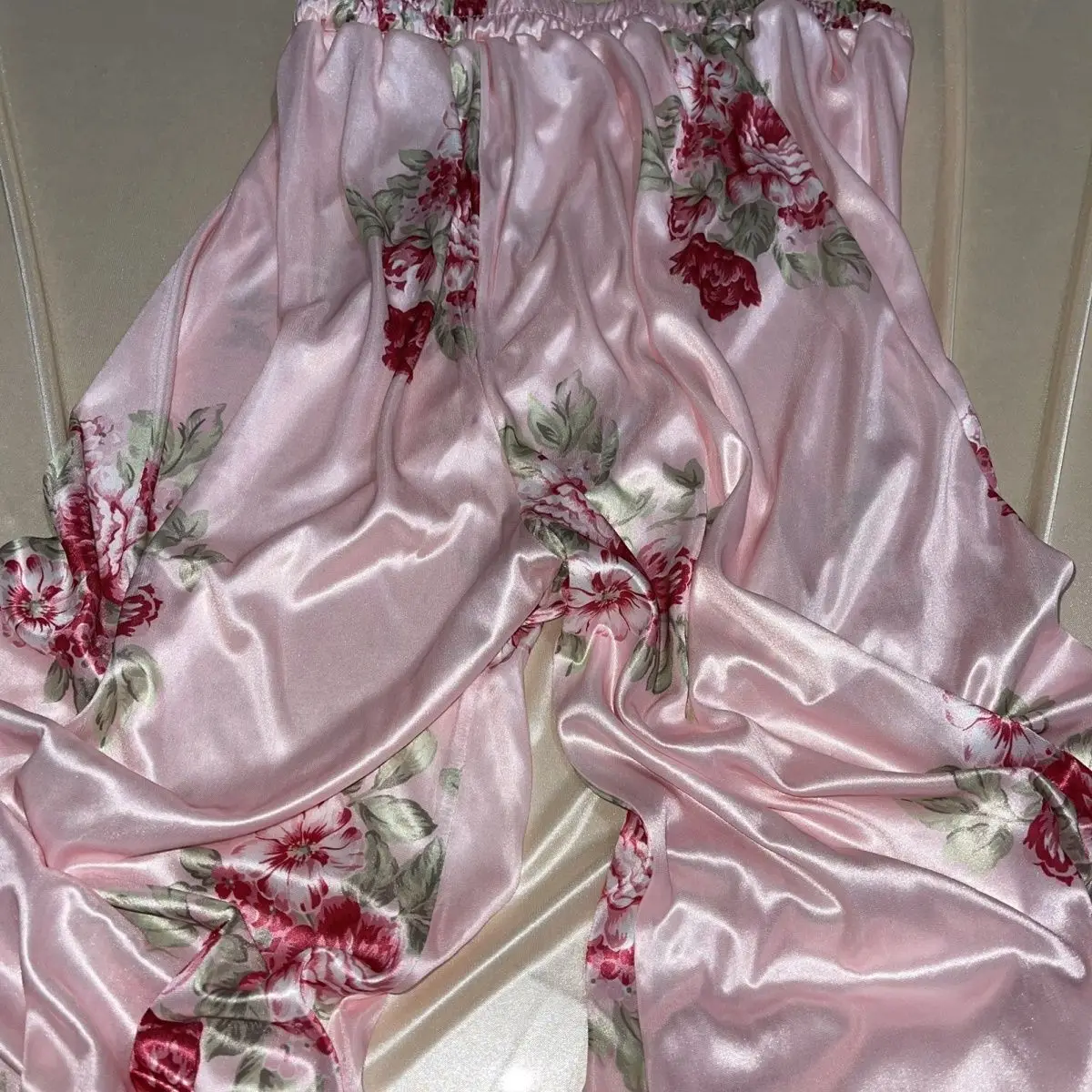 Glossy floral print satin pajamas pants Women silk loose sleeping plus size trousers