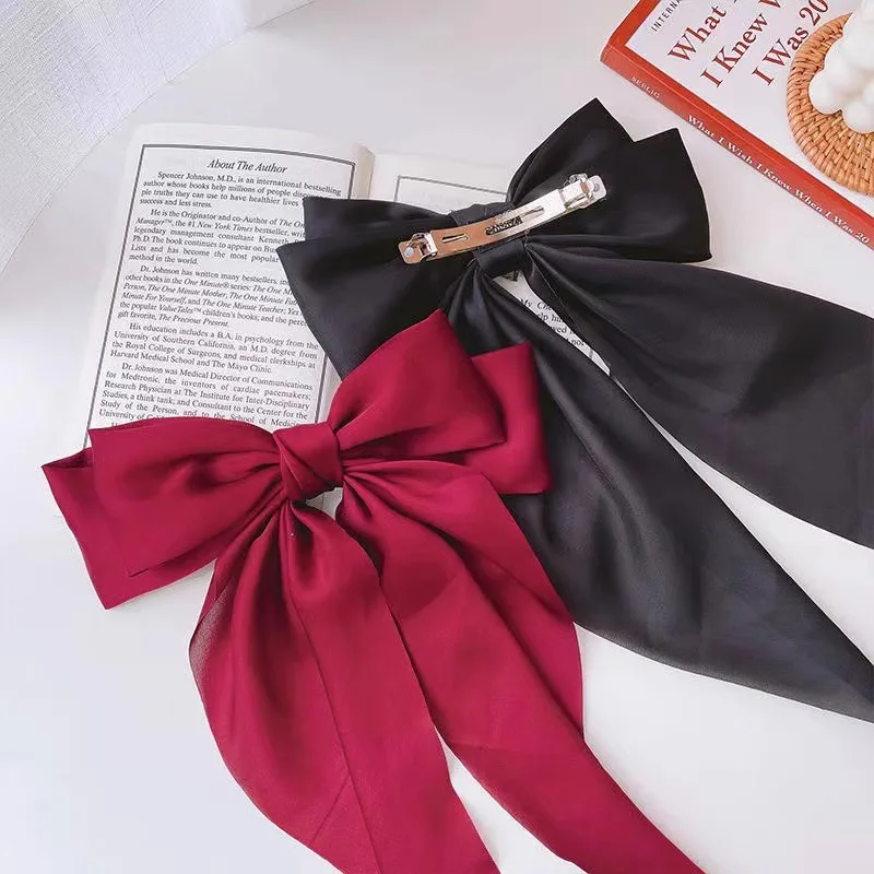 Women Large Bow Ribbon Hairpin Summer Chiffon Big Bowknot Stain Bow Barrettes Women Solid Color Ponytail Clip Hair Accessories