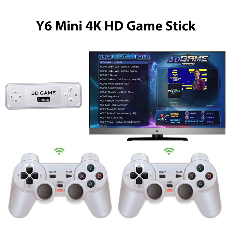 

Tolex Y6 4K Game Stick HD Output 2.4G Wireless Controllers Emuelec4.3 Multiple Languages 3D Retro Video Game Console Kids Gifts