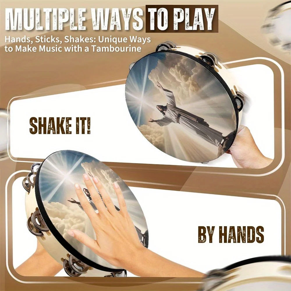 8/10-inch Jesus Tambourine Double Row Jingle Tambourine Handbell Clap Drum for Party Musical Instrument