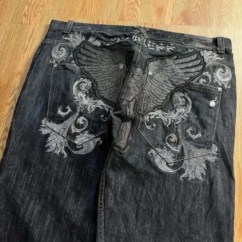 

2024 American New Fashion Oversized Wings Embroidered Baggy Jeans y2k Harajuku Retro Gothic Casual Wide-leg Pants Men And Women