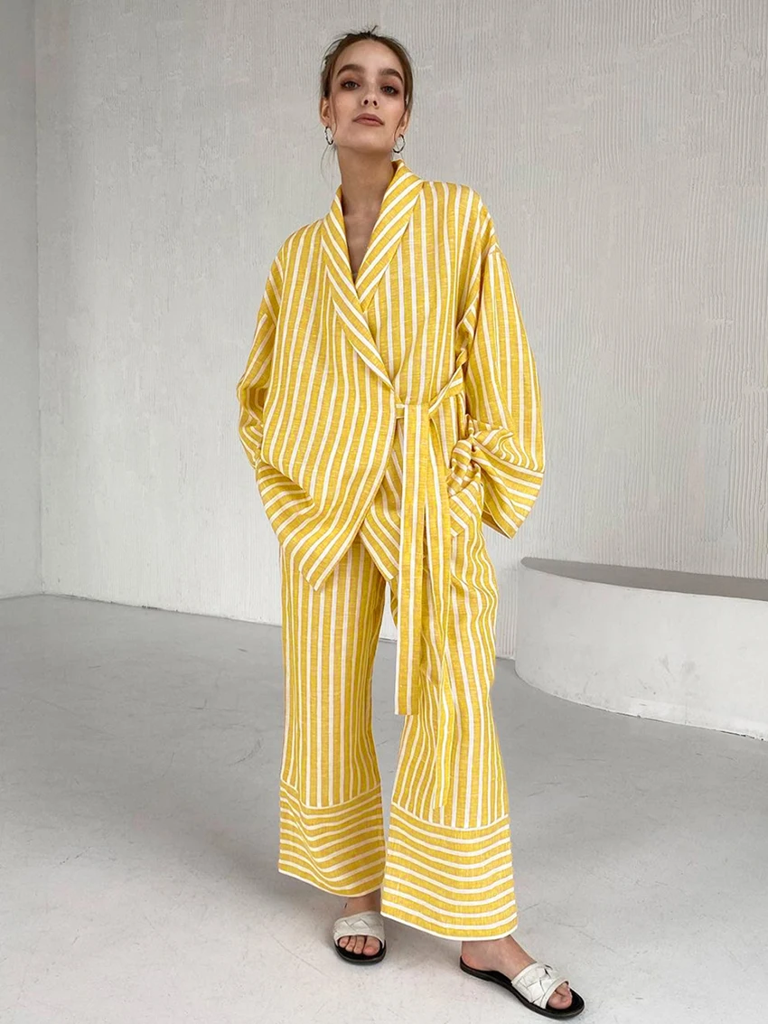 Marthaqiqi Striped Women'S Sleepwear Set Turn-Down Collar Pajamas Long Sleeve Lace Up Nightwear Pants Loose Ladies Nightie Suits