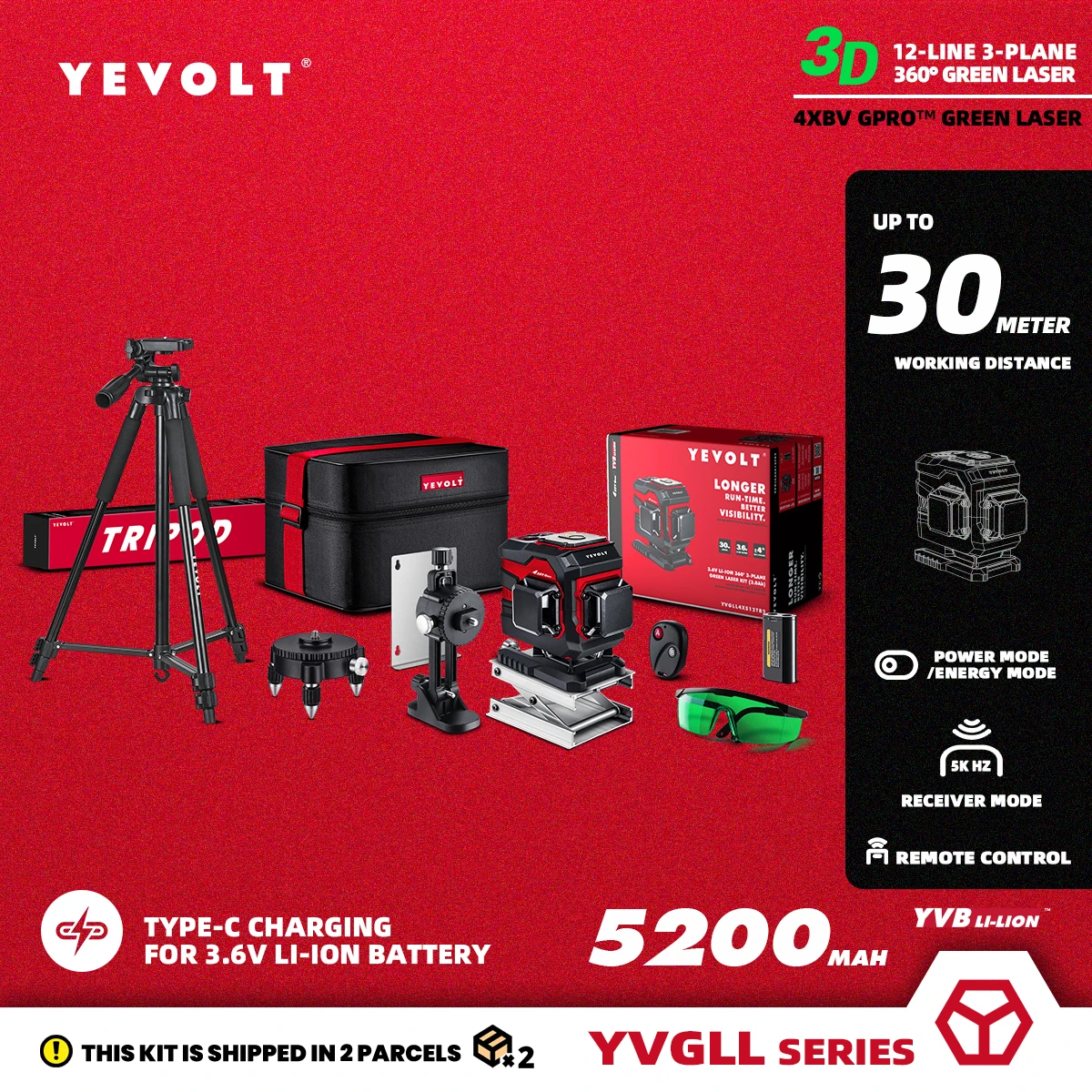 

Лазерный уровень YEVOLT, зеленое устройство для измерения яркости, 3-уровневый 12-линейный самовыравнивающийся 3d-уровень 360, штатив 3,6 В, Ач, электроинструменты для измерения
