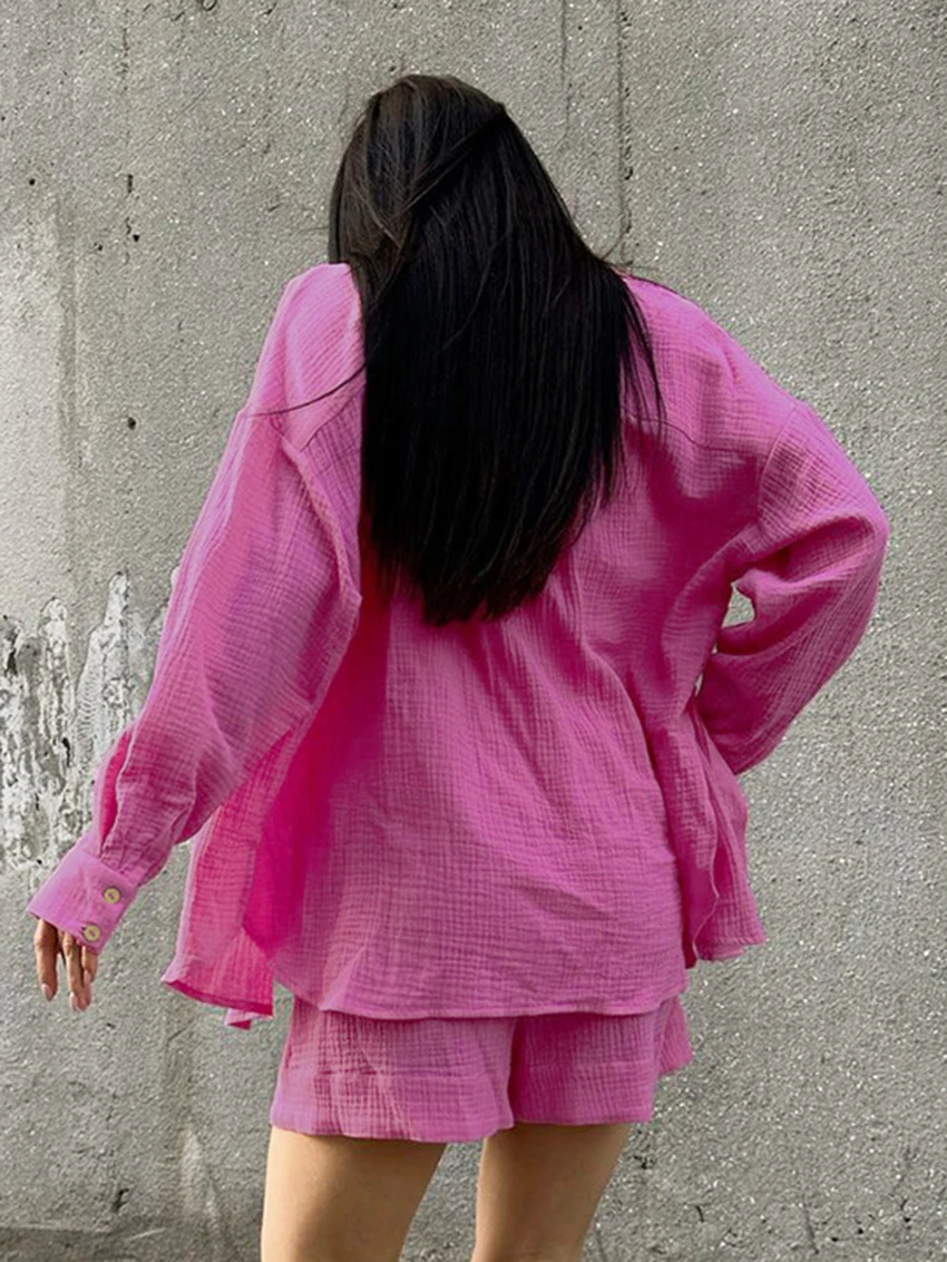 Marthaqiqi Cotton Female Pajamas 2 Piece Suit Long Sleeve Sleepwear Turn-Down Collar Nightwear Shorts Casual Women Home Clothes