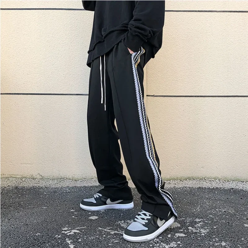 E-BAIHUI Black Men Pants Side Braid Stitching Stripes Sweatpants Streetwear Men Spring and Autumn Loose Slit Mop Pants for Male