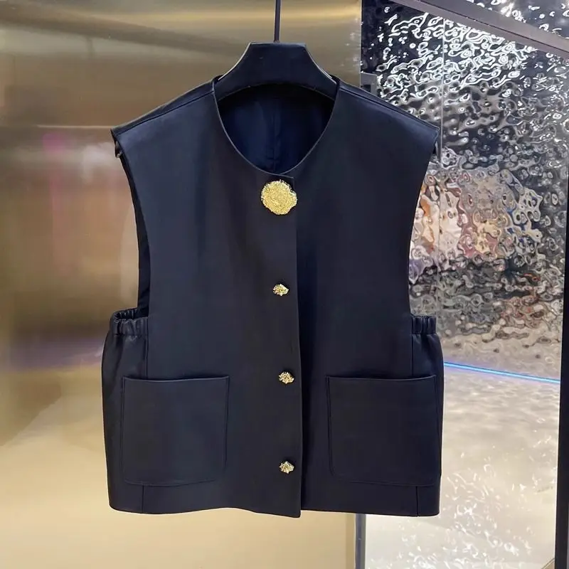 2024 Autumn New Genuine Leather Vest Women's Round Neck Casual Sleeveless Short Tank Top Metal Button Cotton