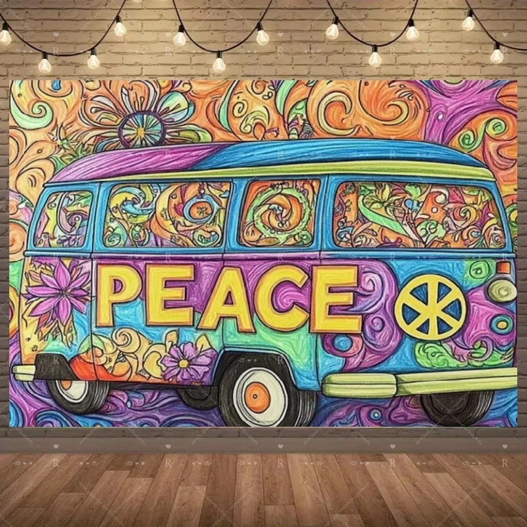 Bunter Hippie-Stil-Hintergrund, Liebe und Frieden, Partydekoration, Bohemian-Bus-Blumen, Fotografie-Requisiten, ästhetisches Zimmerbanner – Detail 3