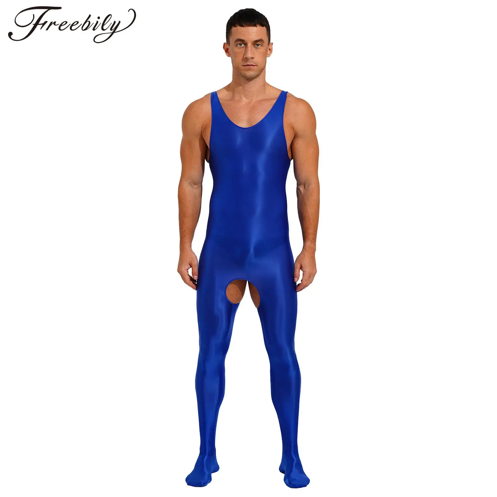 

Mens Sexy Crotchless Glossy Bodysuit Sleeveless Stretchy Full Footed Jumpsuit Underwear Nightwear Rave Party Nightclub Clubwear