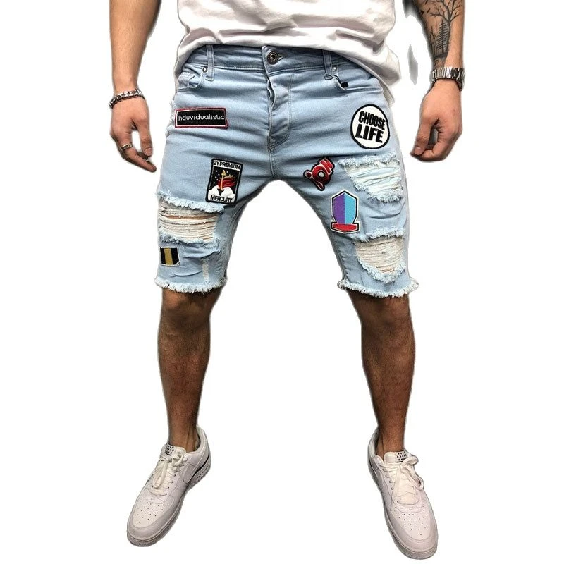 relaxed fit jeans Summer Blue 2022 Men's Fashion Popular Casual High Street Ripped Patch Beggar Hip Hop Ripped Cowboy Pants Stretch Denim Shorts light blue jeans men