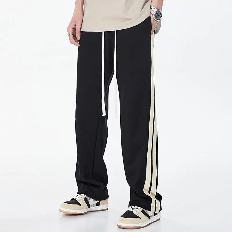Korean Fashion Men Clothing Harajuku Straight Pants Spring Autumn New Streetwear Casual Contrast Striped Loose Wide Leg Trousers