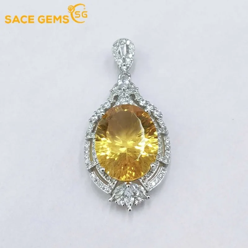 

SACEGEMS Luxury 12*16mm Natual Citrine Pendant 925 Sterling Silver Pendant Necklace for Women Everyday Party Fine Jewelry Gift