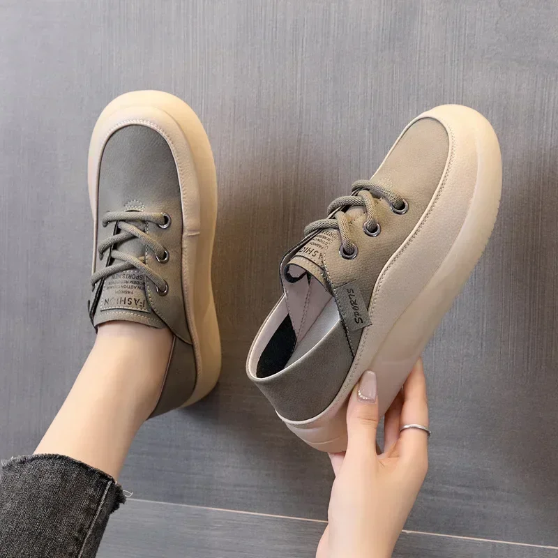 Koznoy 3.5cm Cow Genuine Leather Women Flats Fall Vulcanize Chunky Sneaker Loafer High Brand Platform Slippers Autumn Shoes 5