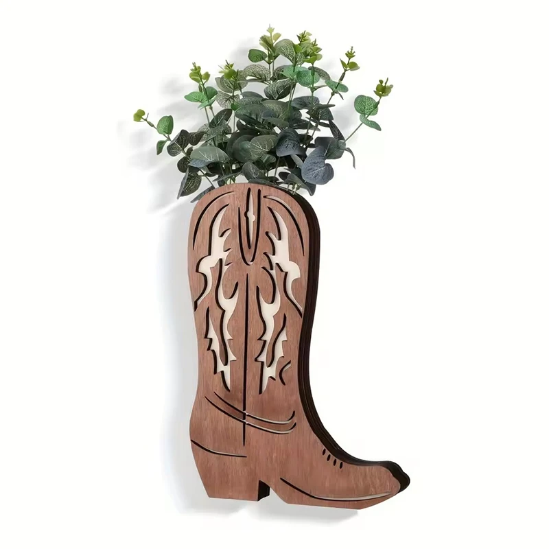 Wooden Cowgirl Cowboy Boot Vase Cowboy Boots Wall Planter Dried Flower Plant Shelf Wall Hanging Indoor Vase Hanging Art Ornament 6