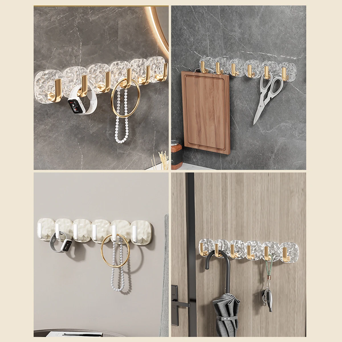 6 Rows Light Luxury Glacier Pattern Strong Traceless Self Adhesive Hook Wall Hanging Key Towel Storage Coat Hook Bag Hanger Tool