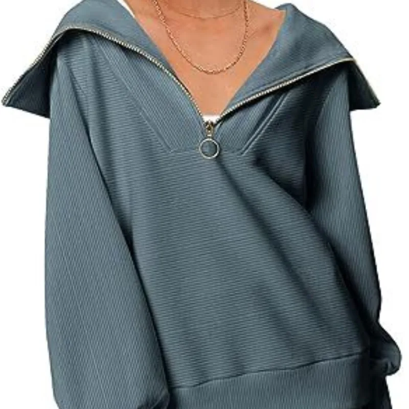 Autumn and Winter Women's Solid Color Pullover Lapel Zipper Long Sleeve Sports Hoodie Fashion Elegant Casual Office LadyTops