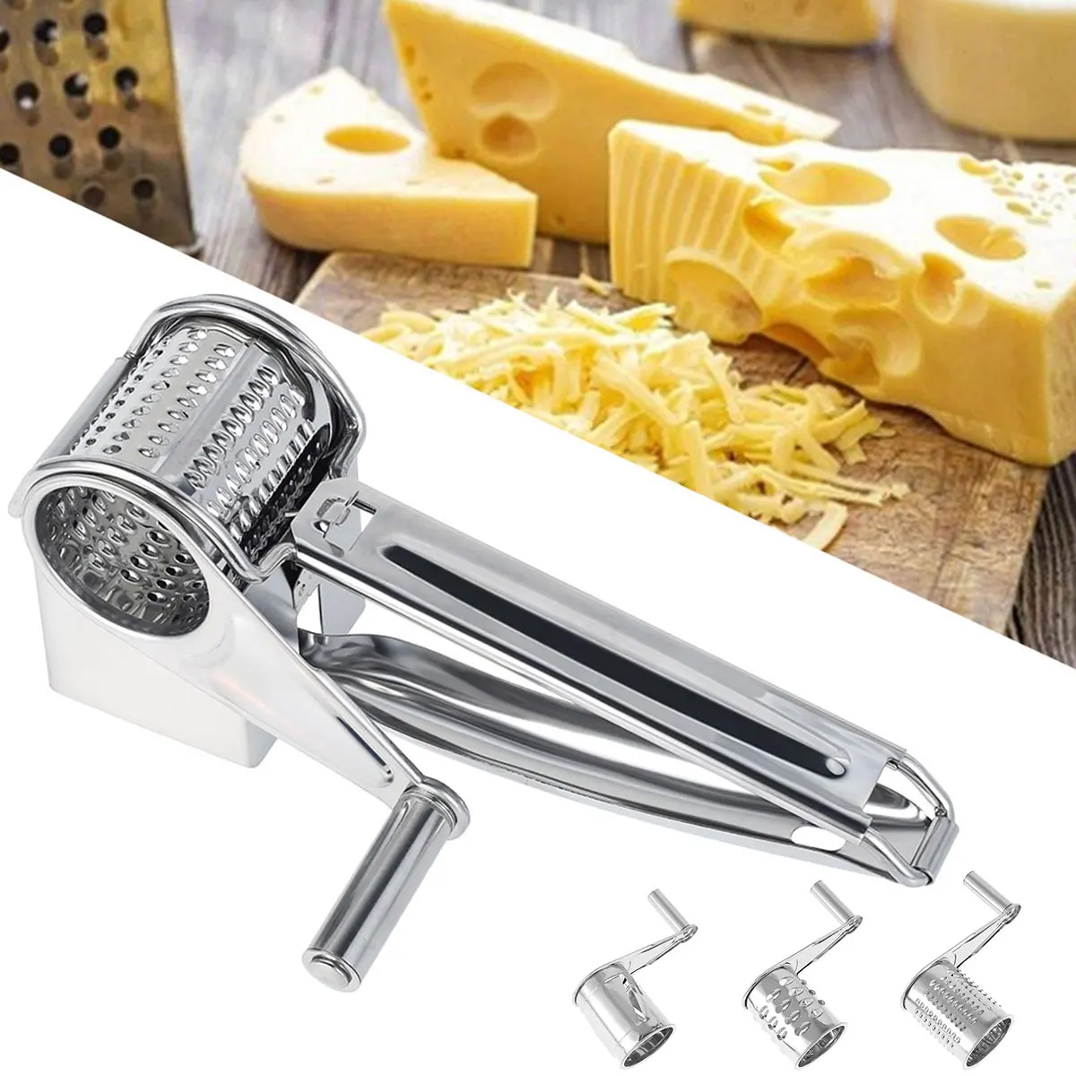 RotaryCheeseGraterwithhandle3DrumBladesReusableStainlessSteelCutterSlicerButter