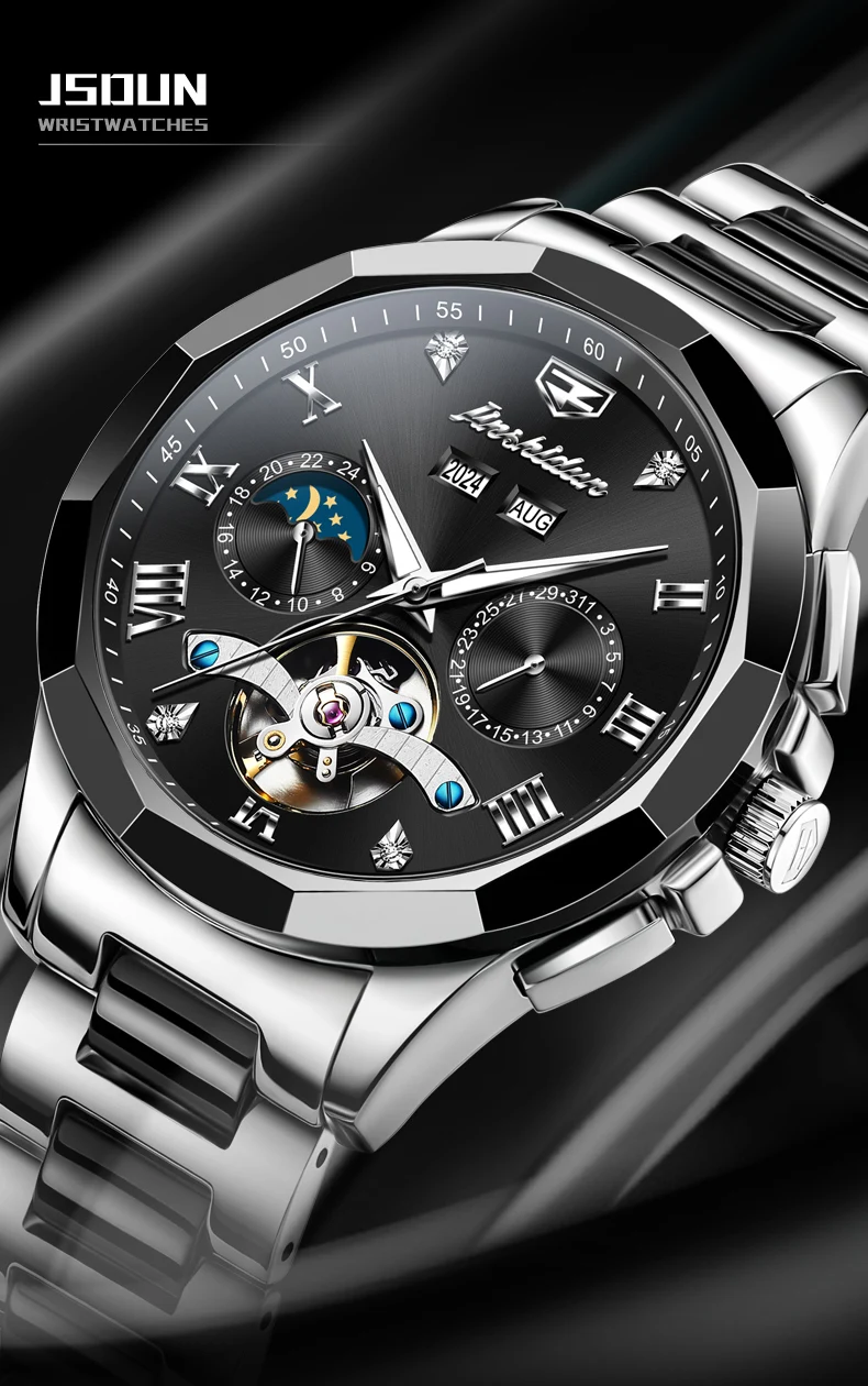 JINSHIDUN 8949 Herrenuhr mit hohlem Schwungrad, Mondphase, automatischem mechanischem Uhrwerk, Kalender, wasserdicht, leuchtend. – Detail 2