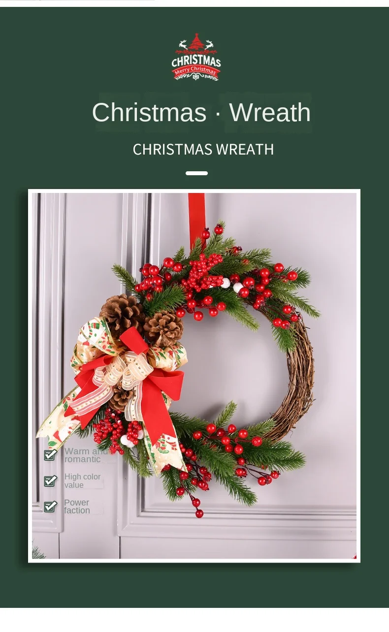 40cmPE Decorations Pine Cone Red Fruit Christmas Cloth Flower Wall Hanging Door Hanging Christmas Wreath