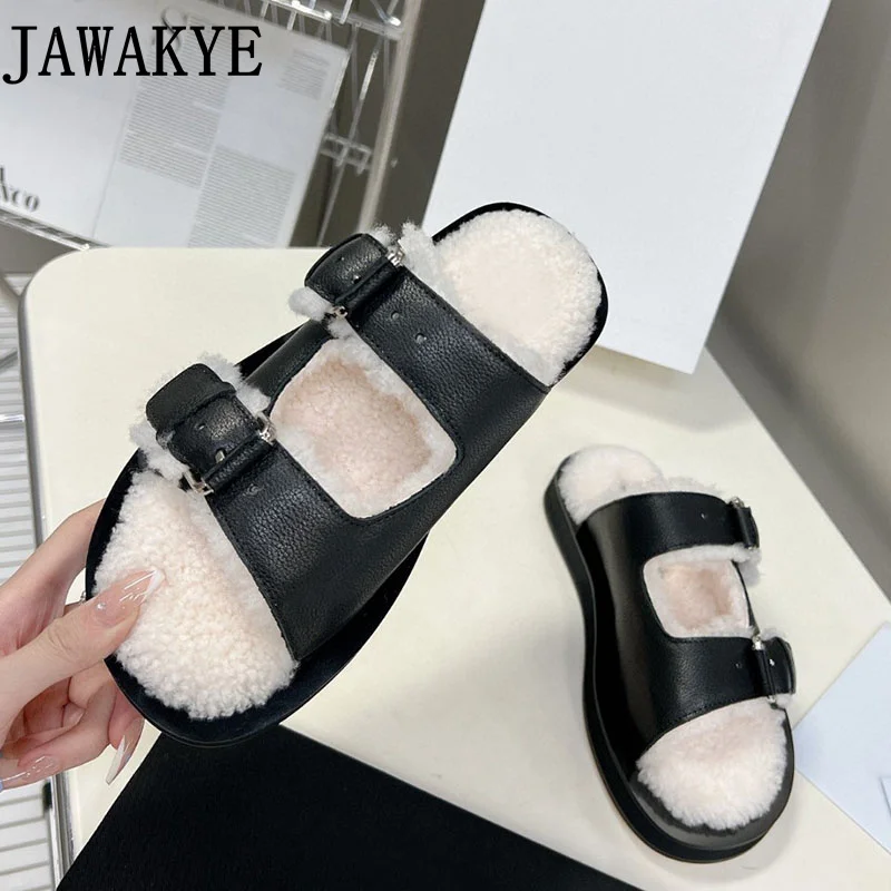 

2023 Autumn New Plush Sandals Flat Heel Beach Shoes Women's Lamb Fur Designer Buckle Strap Roman Sandals Leather Flip Flops