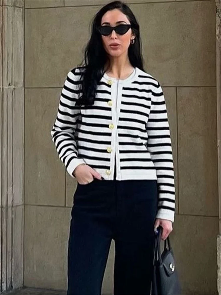 Suéter de punto a rayas, cárdigan, abrigo para mujer, suelto, de manga larga, a la moda, ajustado, con parches en contraste, prendas de vestir exteriores, abrigo de punto de verano