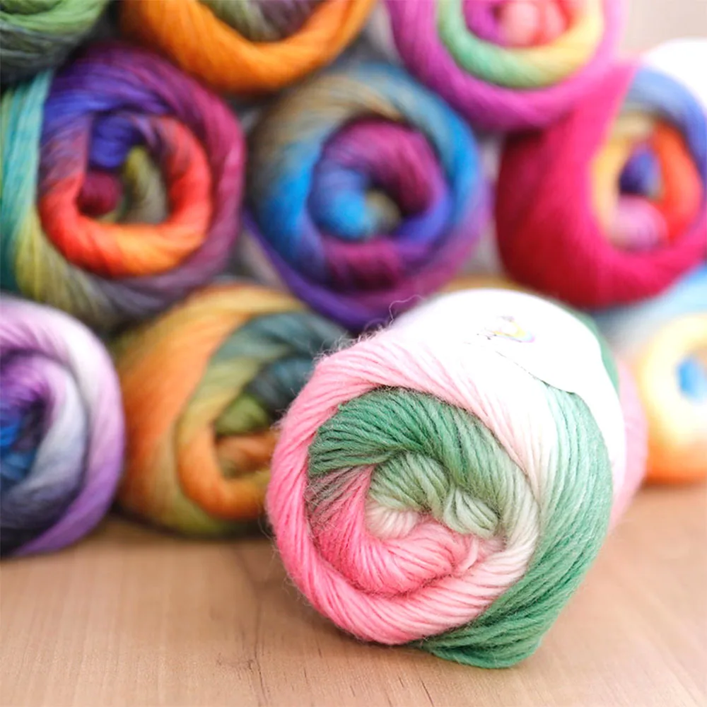 100% Pure Wool Fiber Yarn 50g/180m Rainbow Gradient for Hand Knitting Crochet Soft DIY Scarf Shawl Sweater Cushion Crafts Making