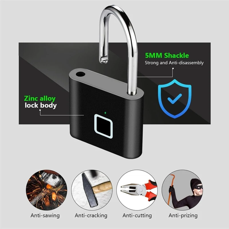 Keyless Smart Fingerprint Padlock USB Charging Fingerprint Lock Waterproof Door Lock 0.2sec Unlock Security Padlock House
