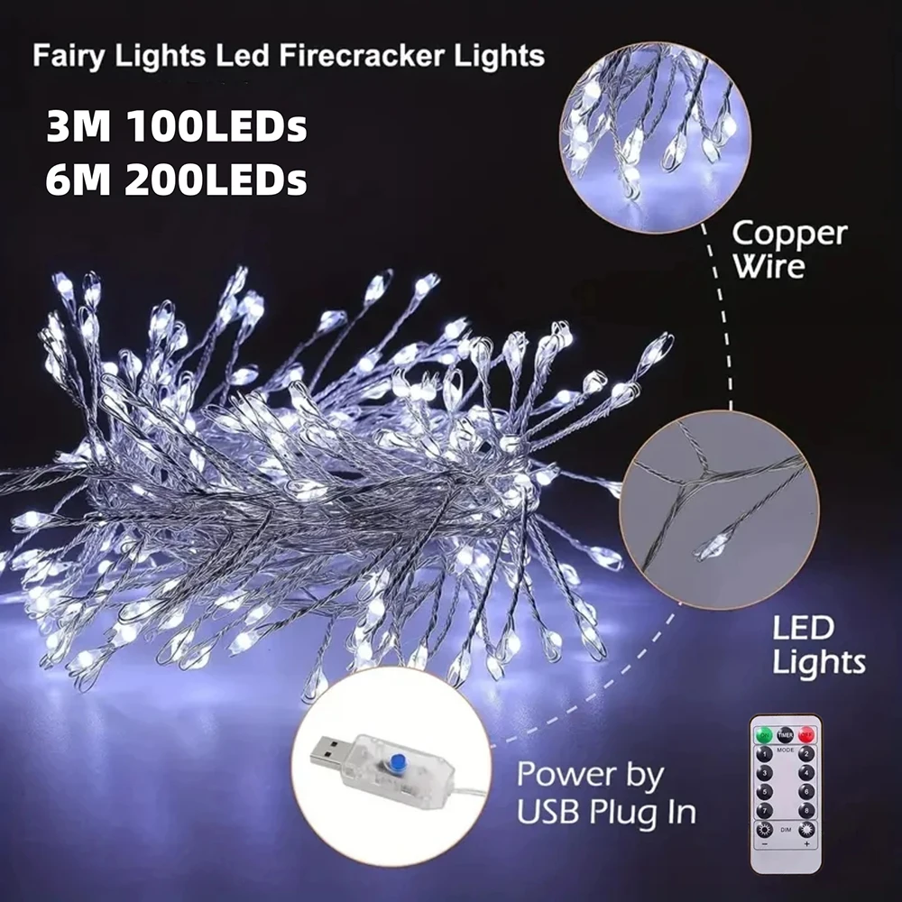 5V DC LED Firecracker String Light USB Battery Power Remote Control Garland Fairy Lights for Wedding Party Christmas Decoration