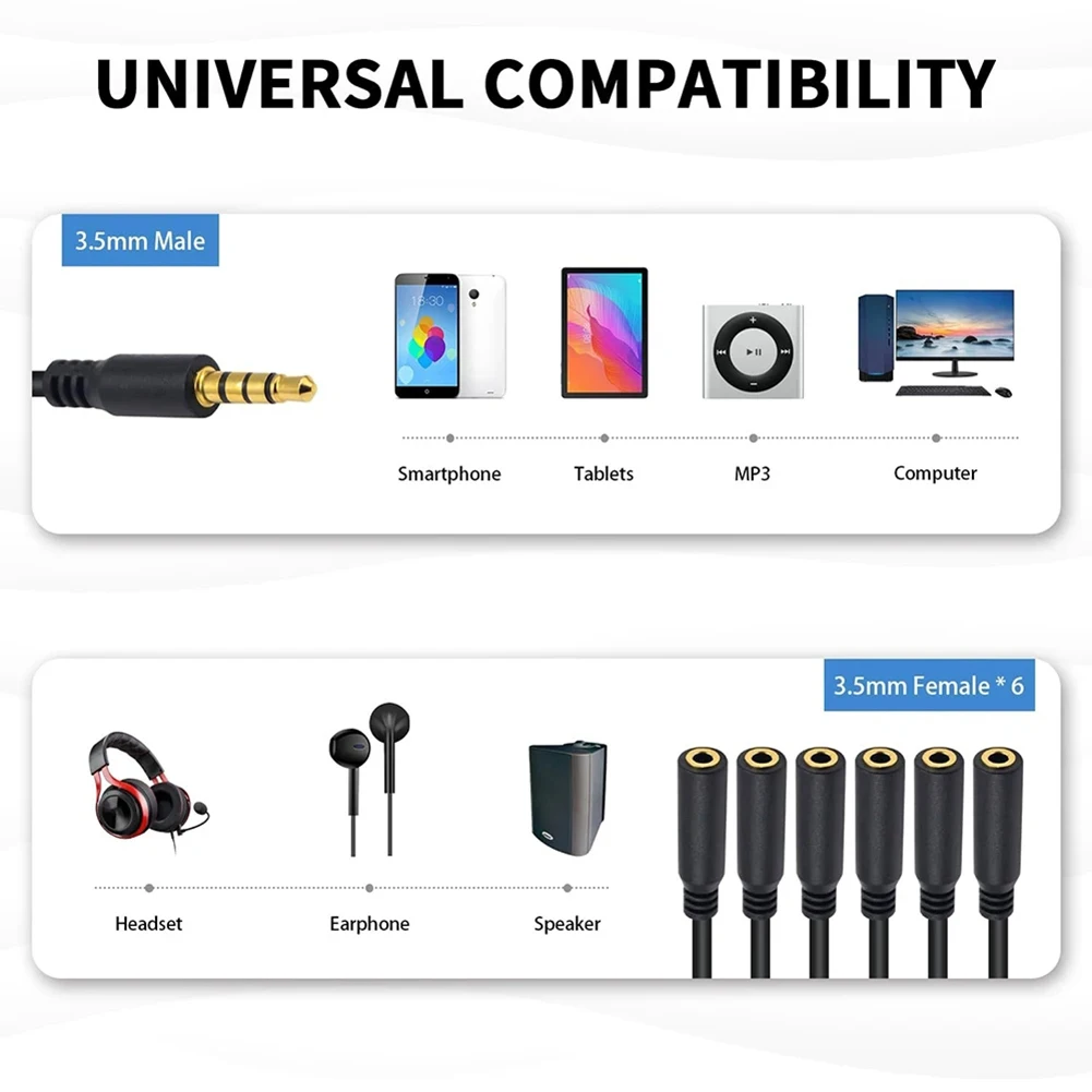 MP3 MP4 플레이어 PC 헤드폰 스피커용 보조 스플리터 케이블, 스테레오 Y 스플리터 익스텐션 케이블, 1-5/6 웨이, 3.5mm, 3.5mm