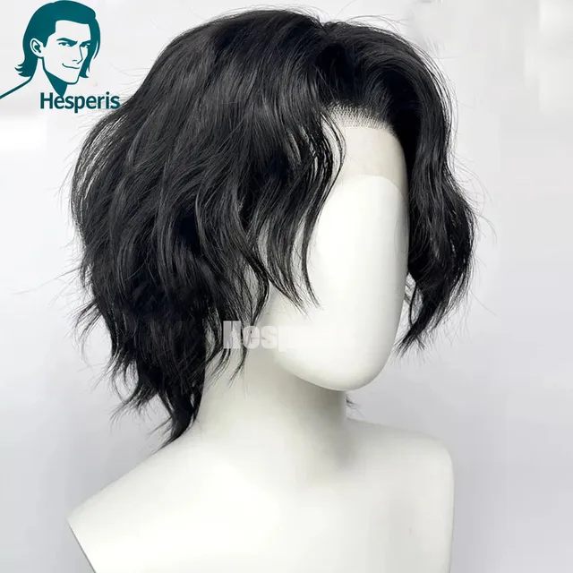 Hesperis naturel ondulé dentelle avant perruques de cheveux humains coupe en couches partie profonde hommes perruques courte dentelle mâle perruque pré style Pixie perruque pour garçon 1