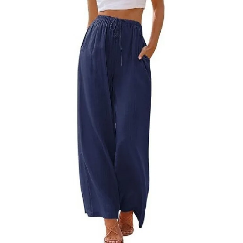 Women’s summer linen wide leg high waist drawstring casual palazzo pants with pockets blue