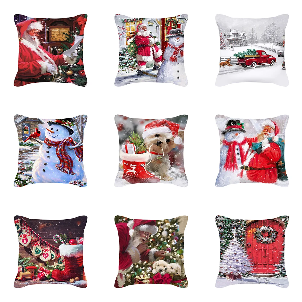 

Merry Christmas Santa Claus Snowman Print Cushion Cover Home Living Room Sofa Decoration Pillow Cover 45x45cm