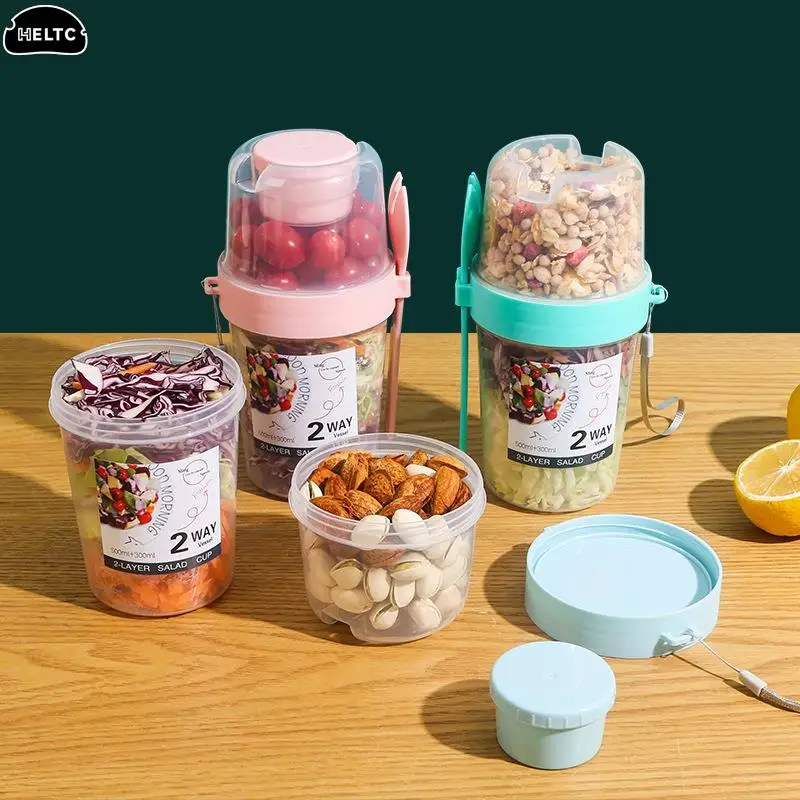 

Salad Cup Breakfast Fruit Oat Yogurt Salad Cup With Lid Spoon Two-layers Food Storage Bento Box Fitness Fat-Reduced Taper Bowl