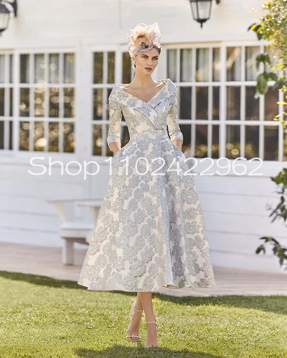

Tea-length Long Sleeve Mother of the Bride Dresses with Pocket Off Shoulder Puffy Skirt Lace Floral Godmother Wedding Guest Gown