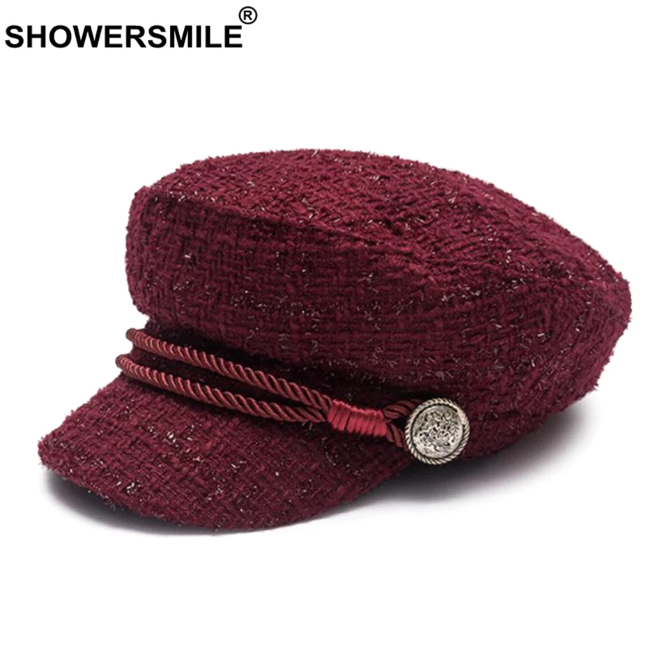 SHOWERSMILE Women Newsboy Caps Hat Burgundy Flat Caps Female Casual Captain Hats Ladies Designer Autumn Baker Boy Black