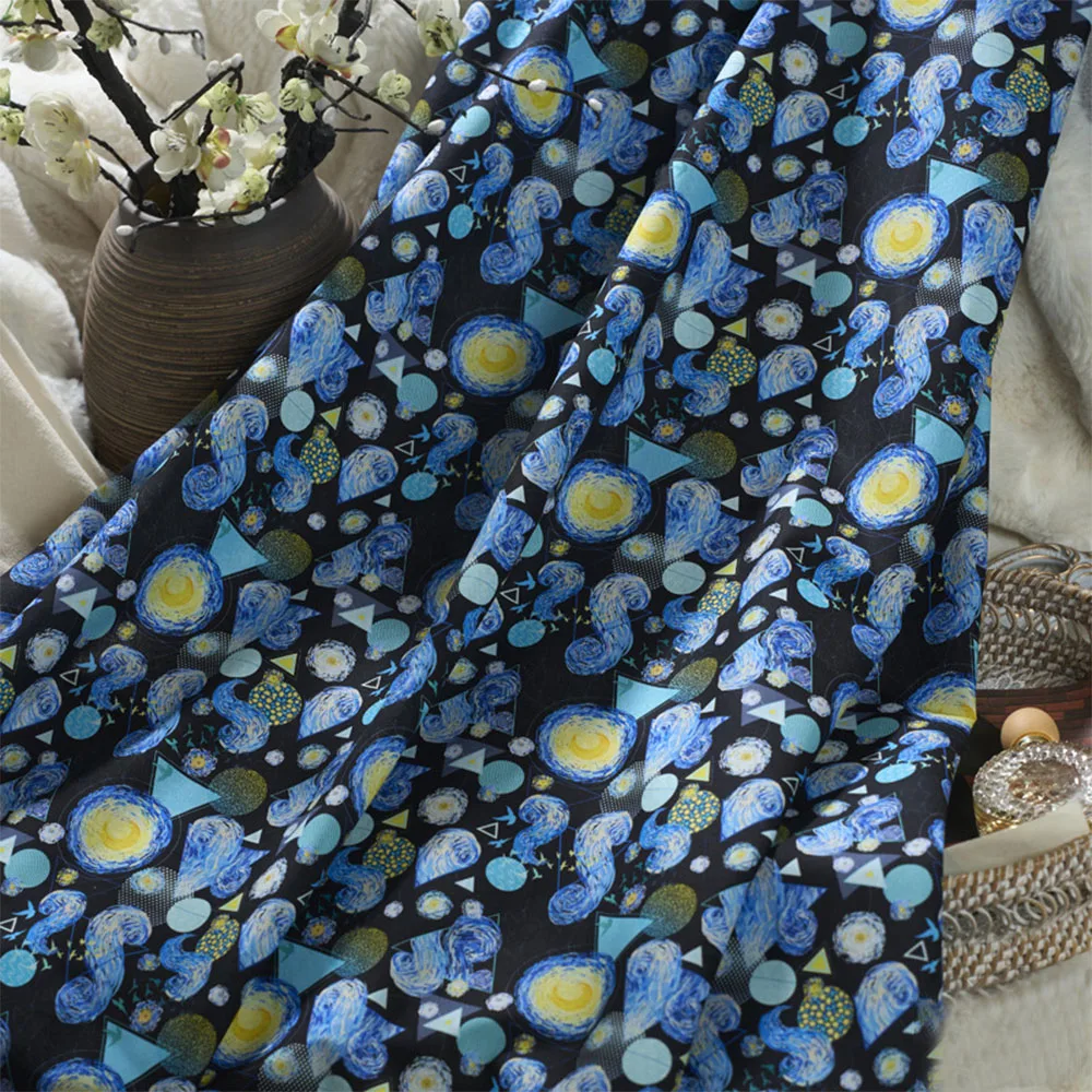 Van Gogh Inspired Starry Sky Cotton Print Fabric - 145x50cm for DIY Projects and Home Decor