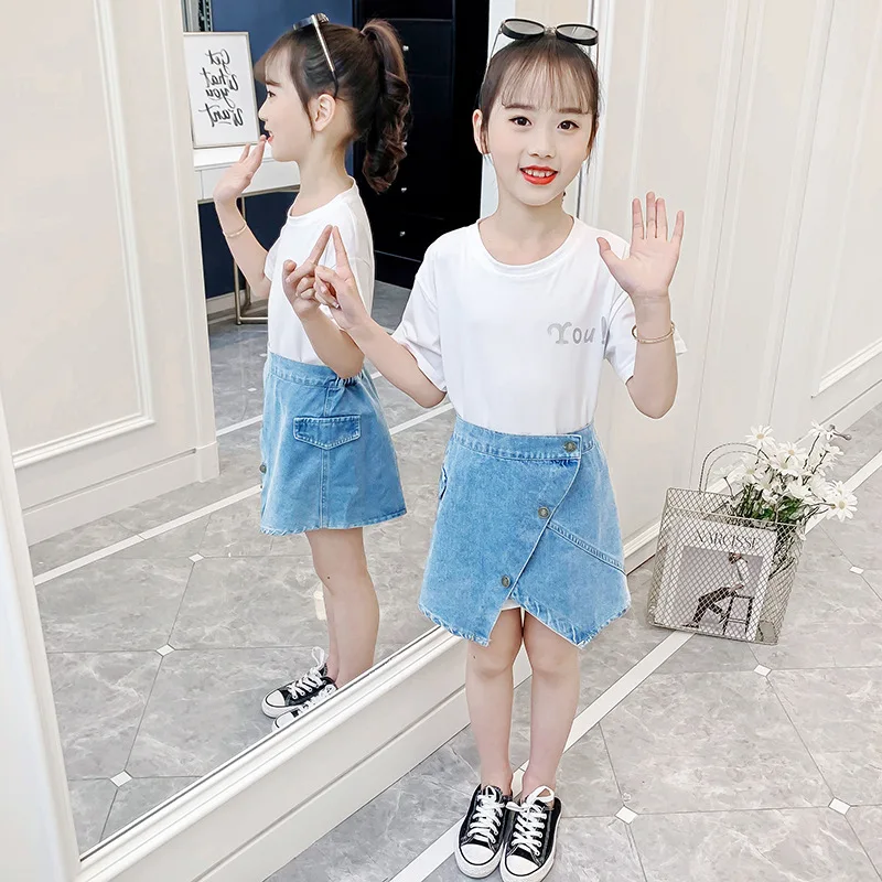 

Girls Summer Clothes Sets Children Tshirt + Denim Skirt 2Pcs Kids Clothes Casual Outfits for Girls Clothing Set 6 8 10 12 Years