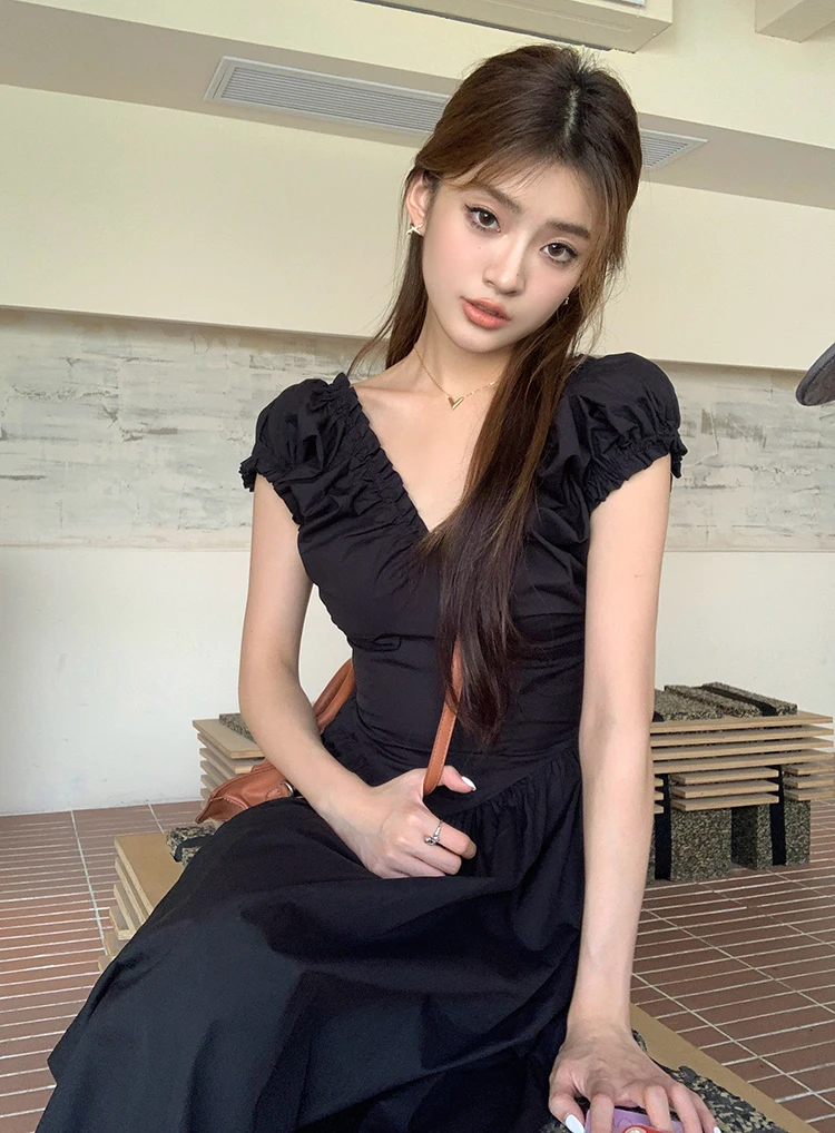 Casual Solid Midi Dresses for Women Korean Chic V-neck Backless High Waist Puff Sleeve A-line Party Dress Summer Vestidos Mujer