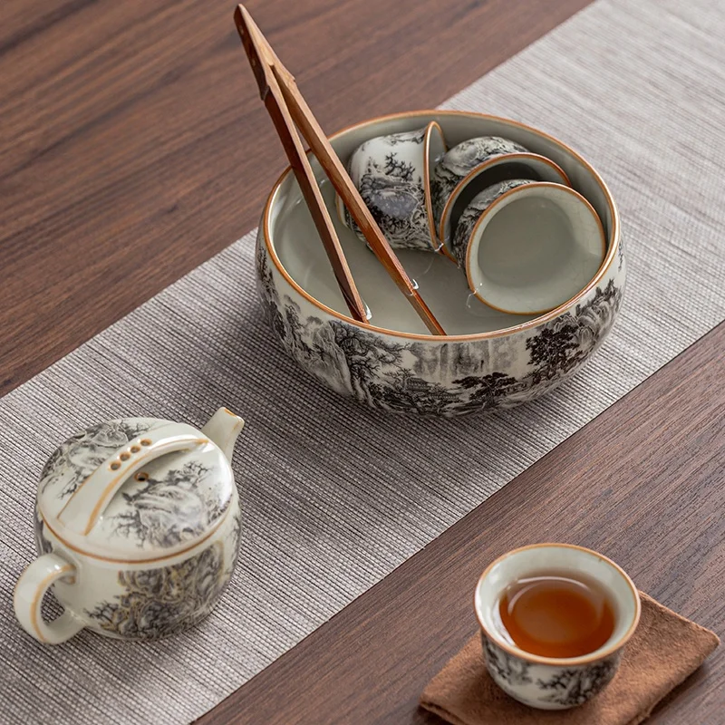 730ML Landscape Ru Kiln Tea Basin Small Cup Wash Washed Tea Residue Barrel Utensils Wash Mug Kung Fu Set Accessories