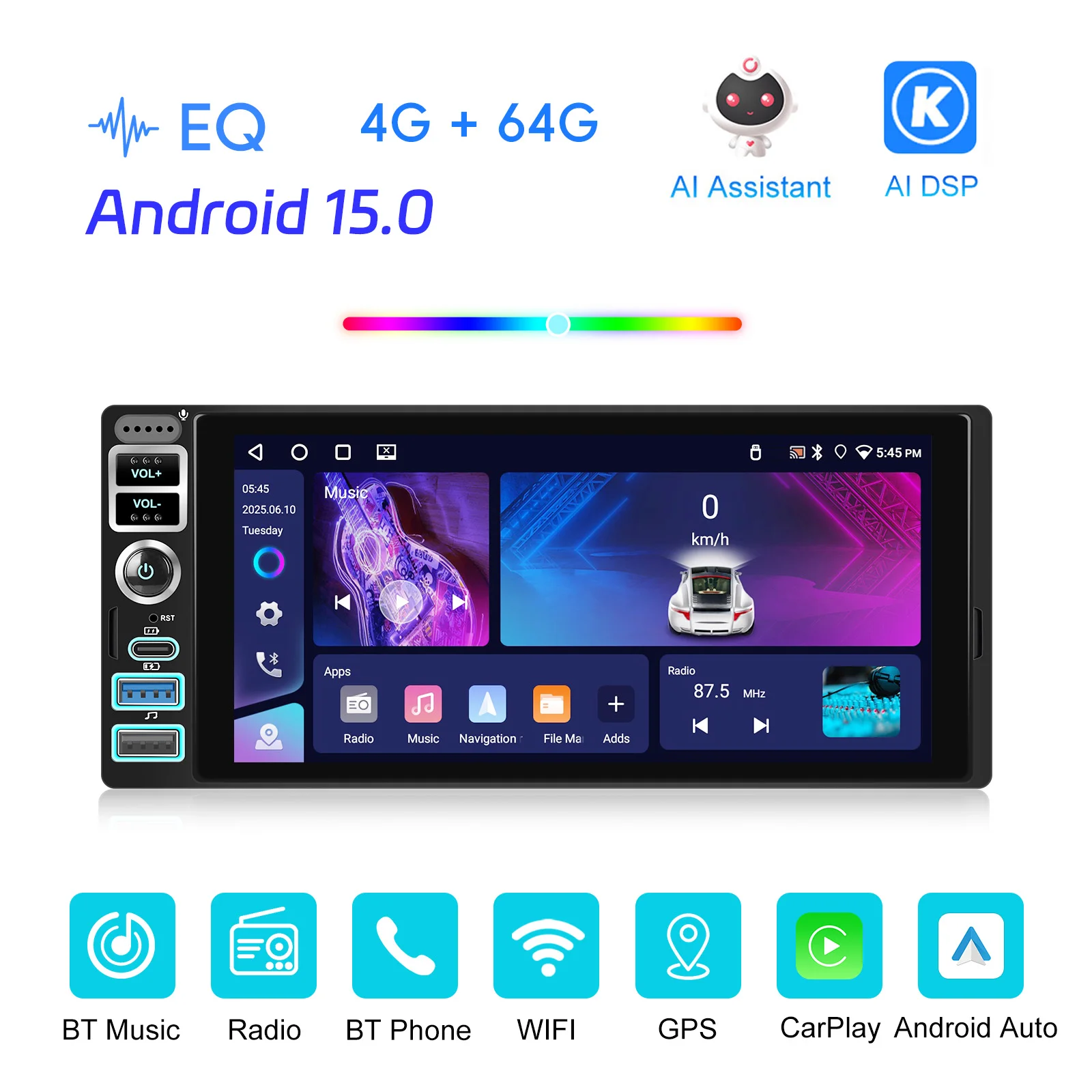Podofo 4+64G 1 DIN Android Autoradio AI DSP Carplay Android Auto Mirror Link GPS-Navigation WLAN Intelligentes Autosystem FM/RDS – Detail 1