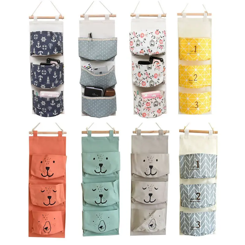 Wall Hanging Storage Bag 3 Pockets Hanging Organizer Door Closet Bear