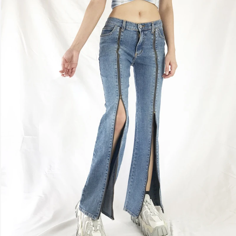 

Women Vintage Denim Trousers Casual Middle Waist Zipper Metal Split Hem Skinny Slim Fit Jeans 2000s Aesthetic Streetwear