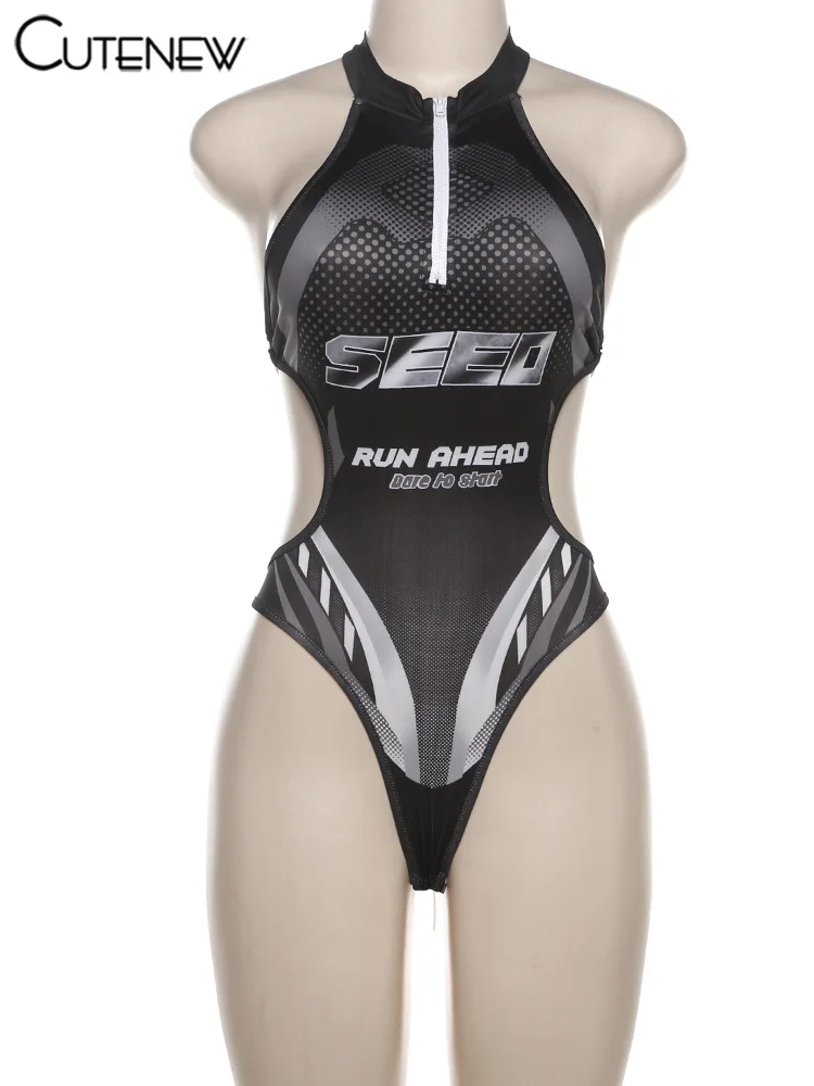 Printed Stunning Bodysuits Women Hipster Halter With Zipper Backless Bandage Sexy Playsuit Female Summer Swim Trend Wear