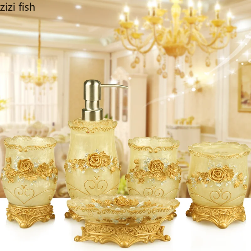 Bathroom Accessories Set European Resin Household Bathroom Set Soap Dispenser Tooth Brush Holder Cup Soap Dish Tray Toilet Brush Wastebin Storage Set