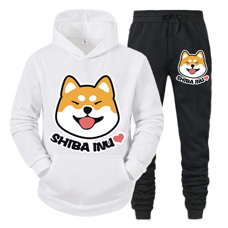 Hot Anime Shiba Inu Hoodies Pants Suit Boys Girls Casual Sweatshirt and Pants Mens Women Autumn Winter Pullovers Pants Sets