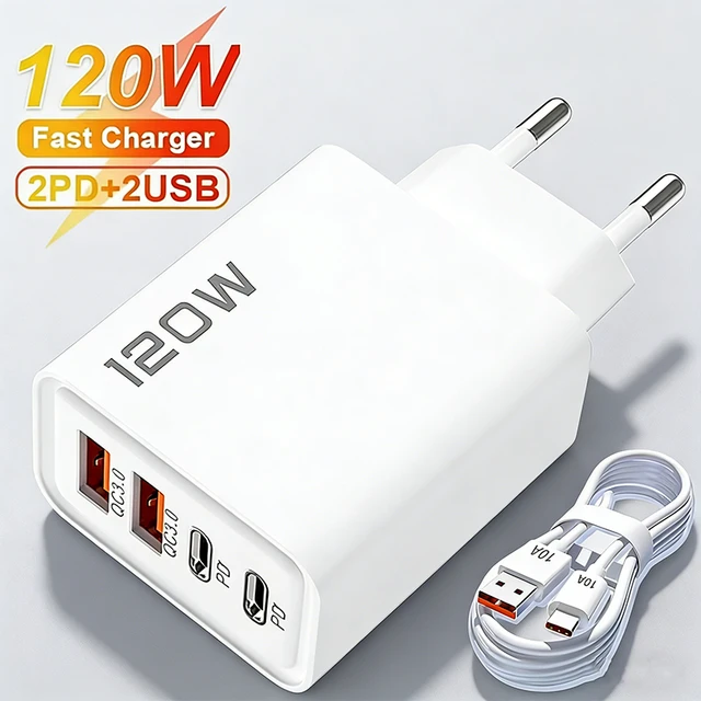 4 Ports 120W Charger Quick Charge 3.0 USB C PD Type C USB Phone Chargers Fast Charging Adapter For iPhone Samsung Xiaomi Huawei 1