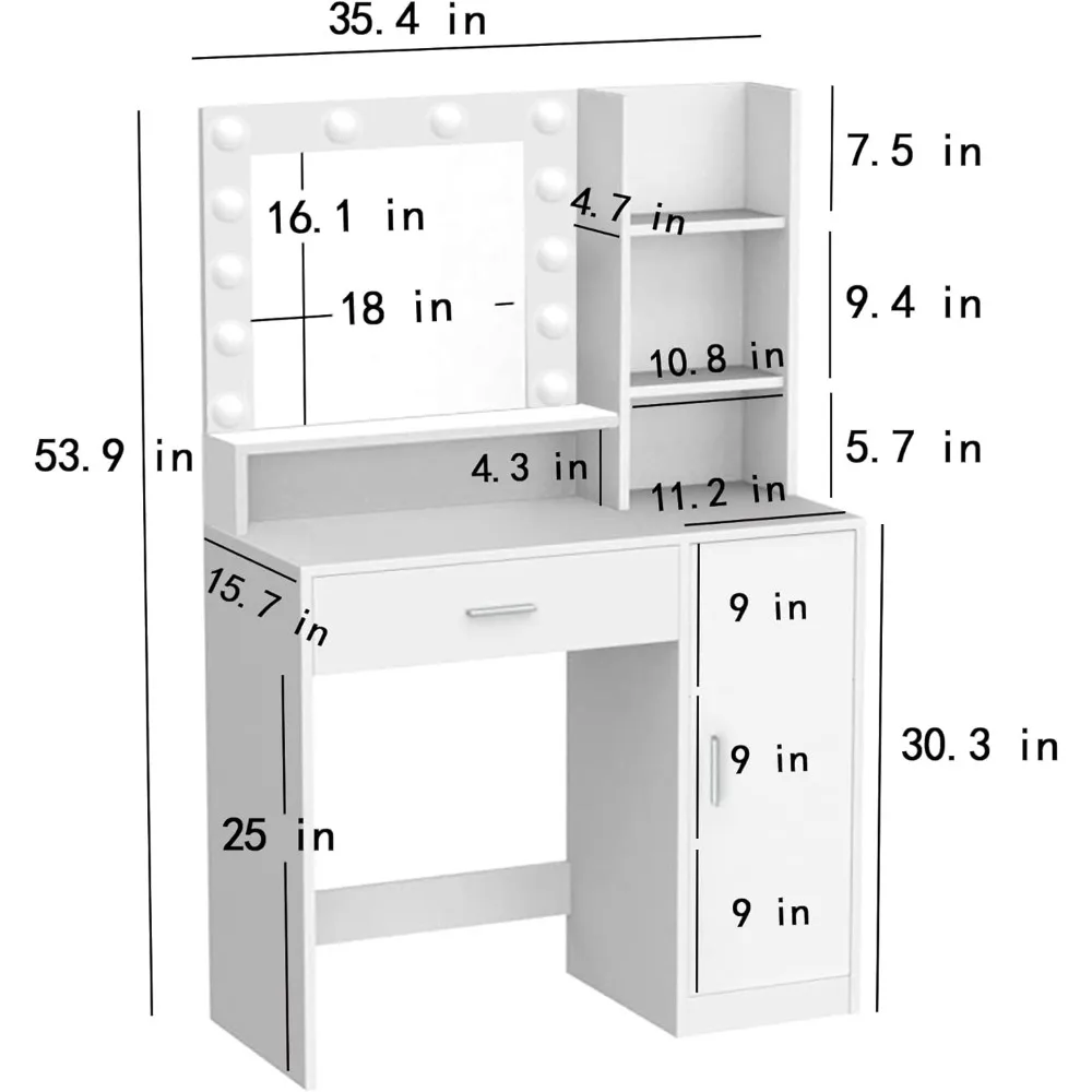 Vanity Desk with Mirror & Light, Large Drawer & Three Level Storage Dresser, 3 Lighting Modes Adjustable Brightness