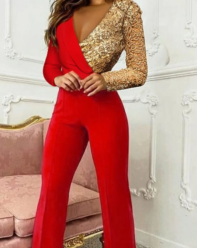 Women's casual long sleeved jumpsuit 2024 spring/summer new women's casual color blocking long sleeved suit jumpsuit