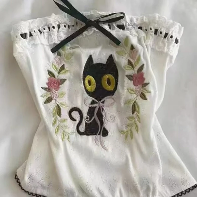 Summer New Kawaii Embroidery Kitten Strapless Vest Japanese Subculture Cute Harajuku Short Tank Women's Lace Patchwork Slim Tops